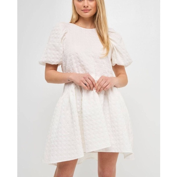 English Factory Back Tie Jacquard Puff Dress - Picture 1 of 6